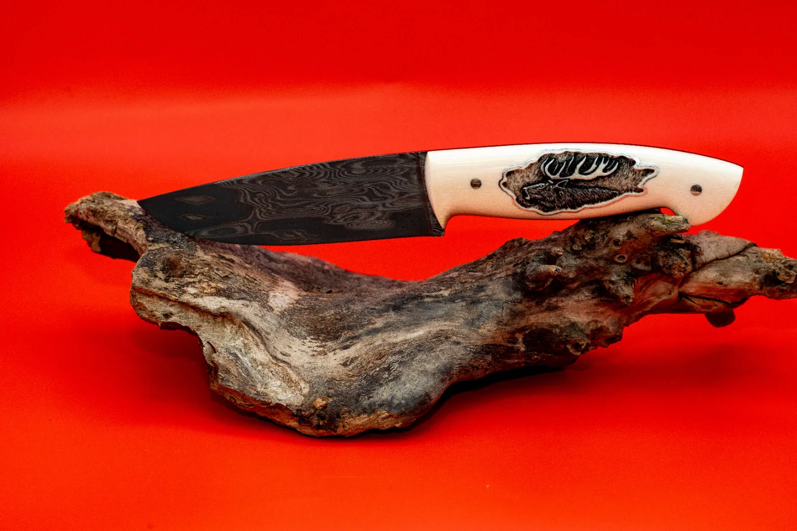 Hunting knife — Damascus with VG10 core Ivory & hand engraved image & silver inlay