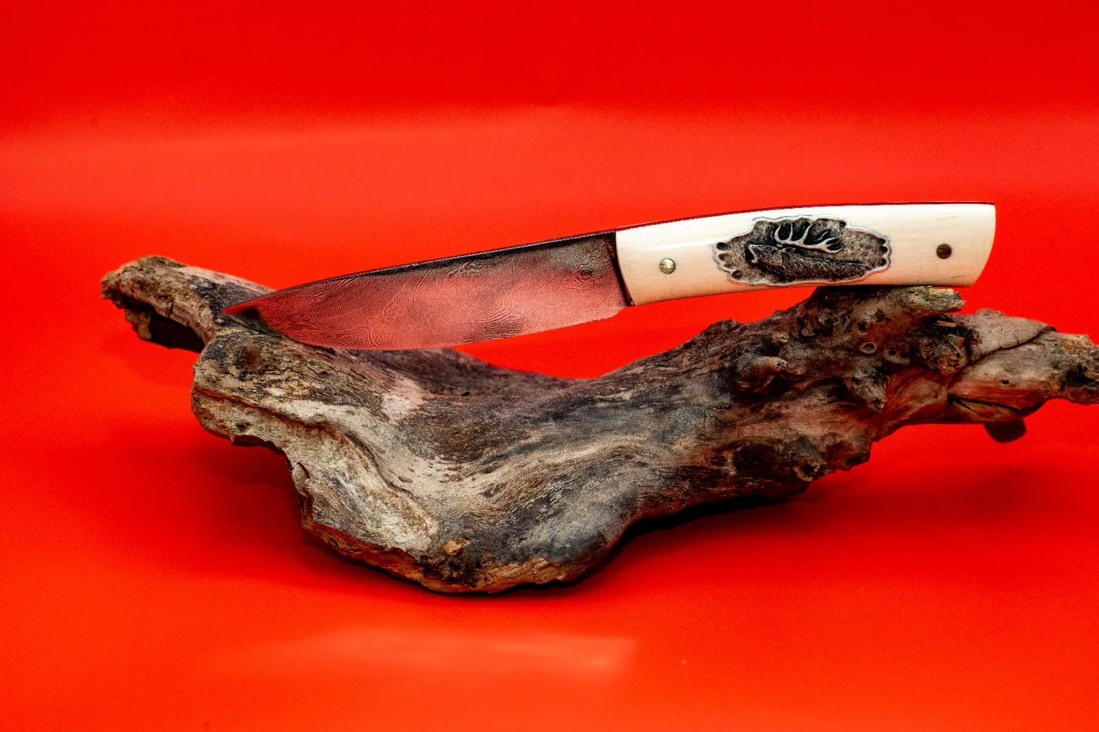 Hunting knife — Damascus with VG10 core Ivory & hand engraved image & silver inlay