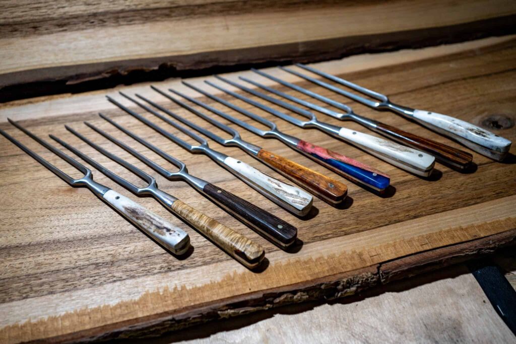 Kitchen knife steak fork — inox Stag horn, iron wood, stabilized wood, wenge wood